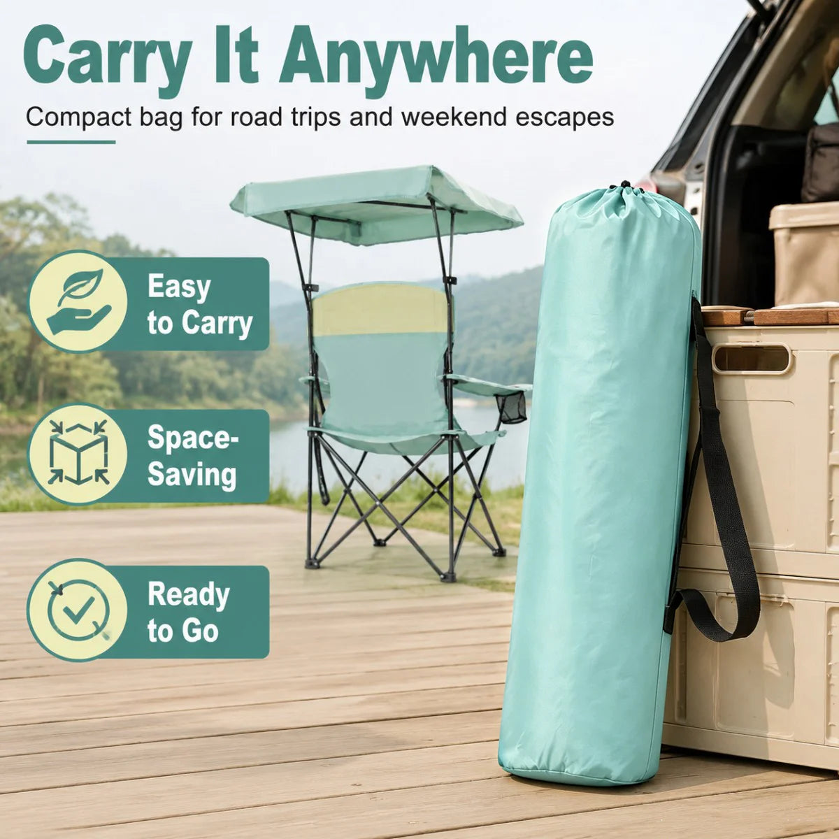 Portable Beach Chair with Cup Holder & Side Pocket, Duty Lawn Chair with Carry Bag for Camping, Beach, Fishing, Patio, Hiking, Outdoor Folding Camping Chair with Adjustable Canopy