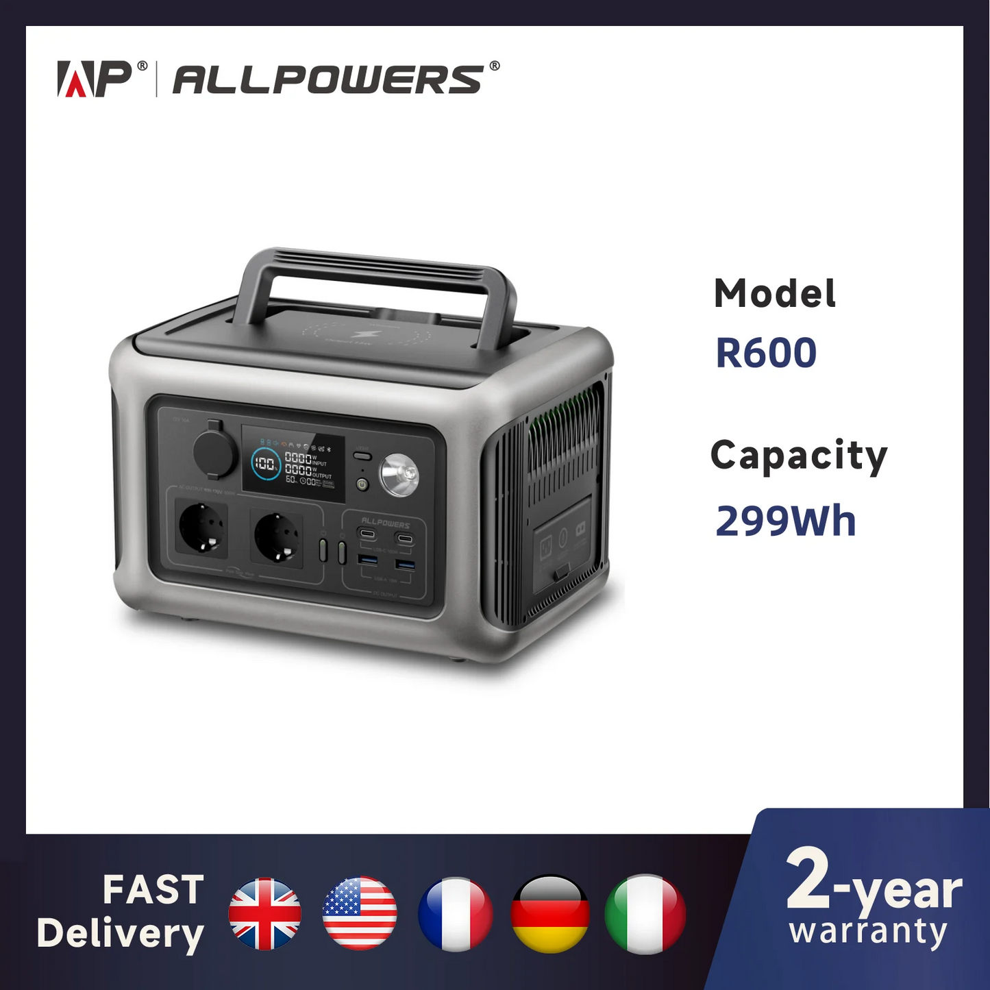 Portable Power Station R600, 299Wh LiFeP04 Battery with 2x 600W (1200W Surge) AC Outlets for Outdoor Camping RV Home