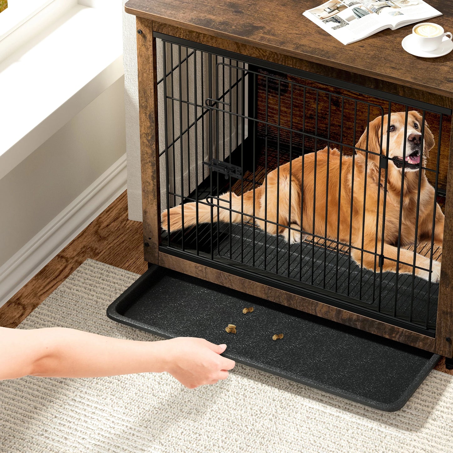 Modern Furniture Dog Cage, Pet Crate End Table, Indoor Wooden Kennel with Double Doors & Removable Tray for Small/Medium Dogs