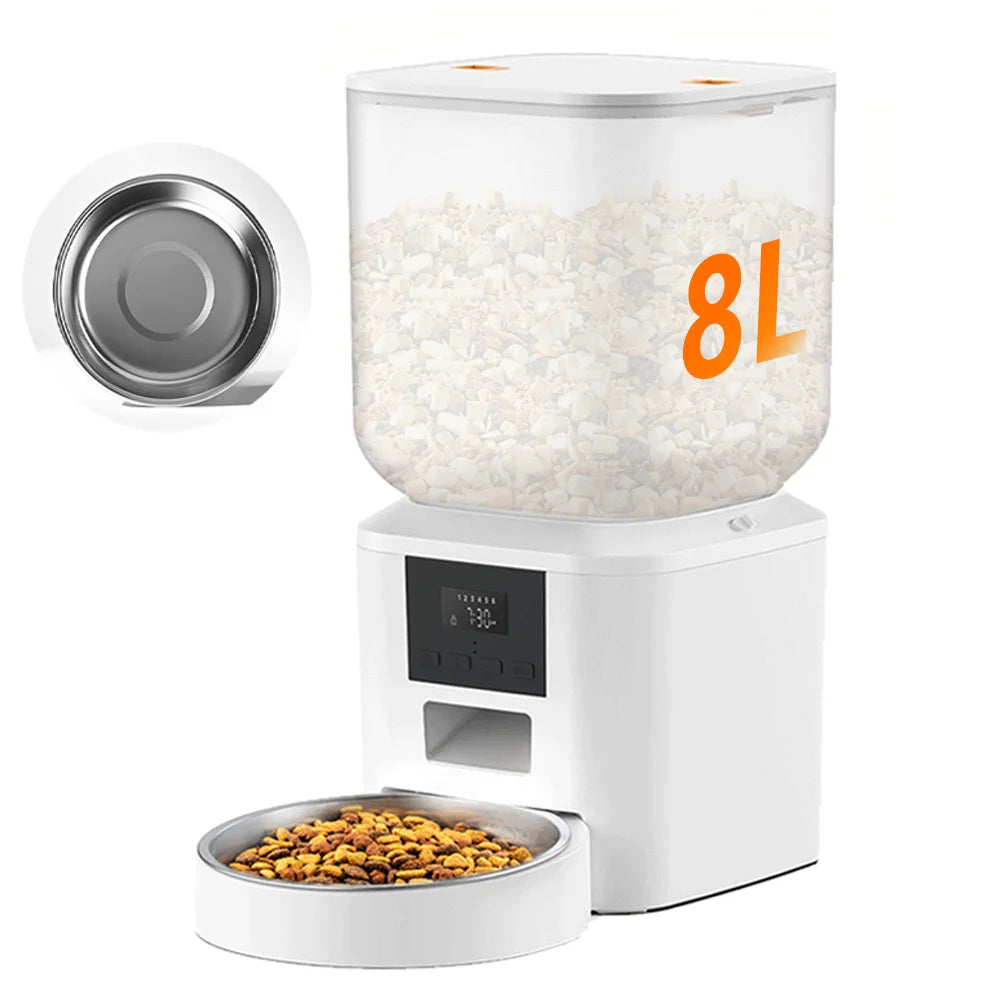 8L Automatic Cat Feeder, Smart Pet Food Dispenser with Key Control, Voice Recorder, Dual Power Supply, Timed Auto Dog Feeder with Stainless Steel Bowl