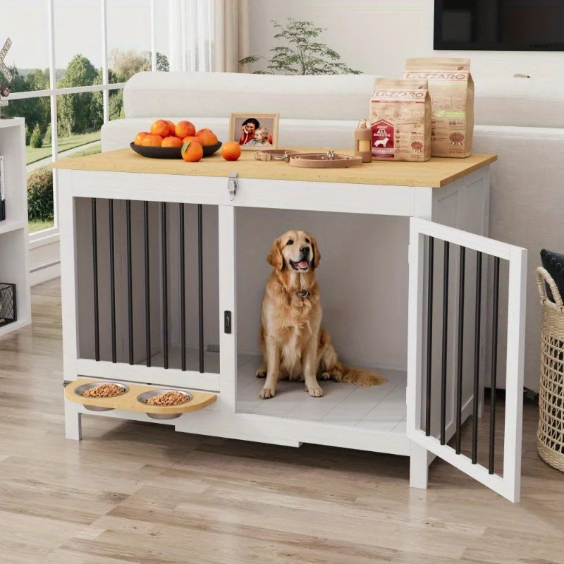 39'' Foldable Wooden Dog Crate Furniture – Indoor Dog Kennel for Large Dogs with 360° Rotating Feeder, White