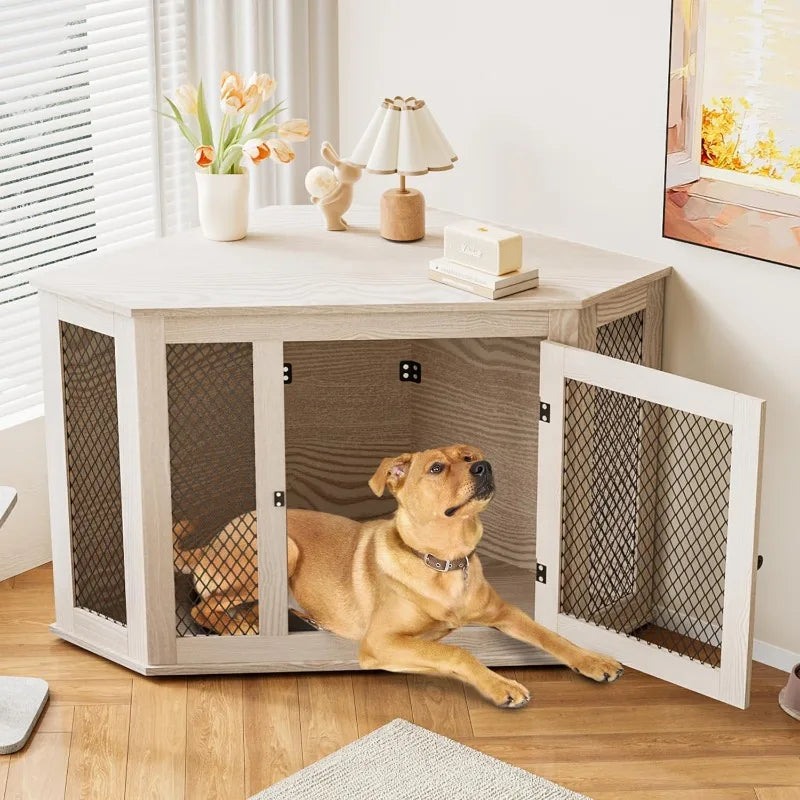 Corner Dog Crate Furniture, 52 inch Decorative Pet Crate with Metal Mesh, Wooden Dog Kennel Indoor Use for Small, Medium
