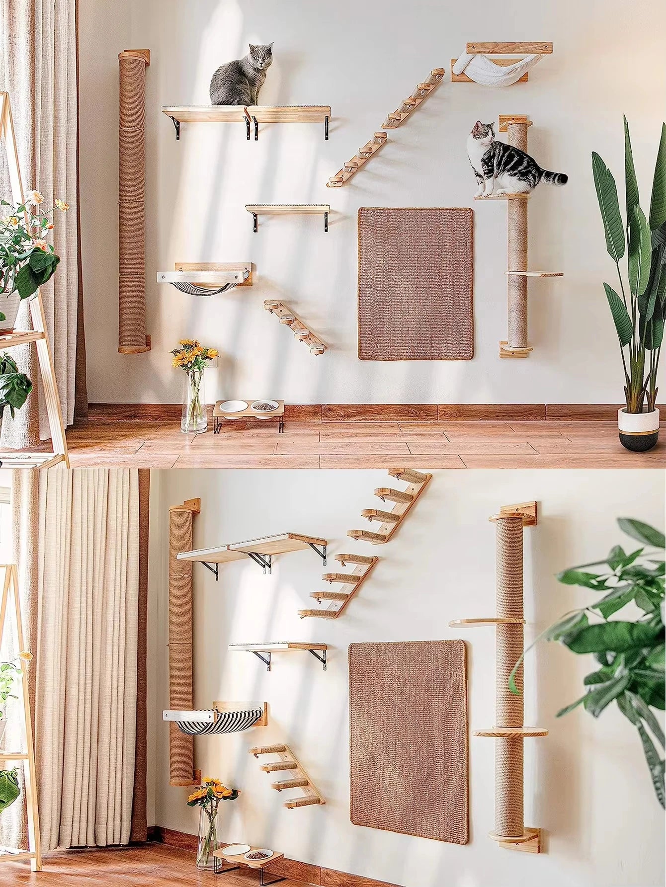 41" Cat Tree With Scratching Posts 2 Perches Platforms Wall Mounted Sisal Scratcher Hammock For Cats Kittens Climb Play Rest