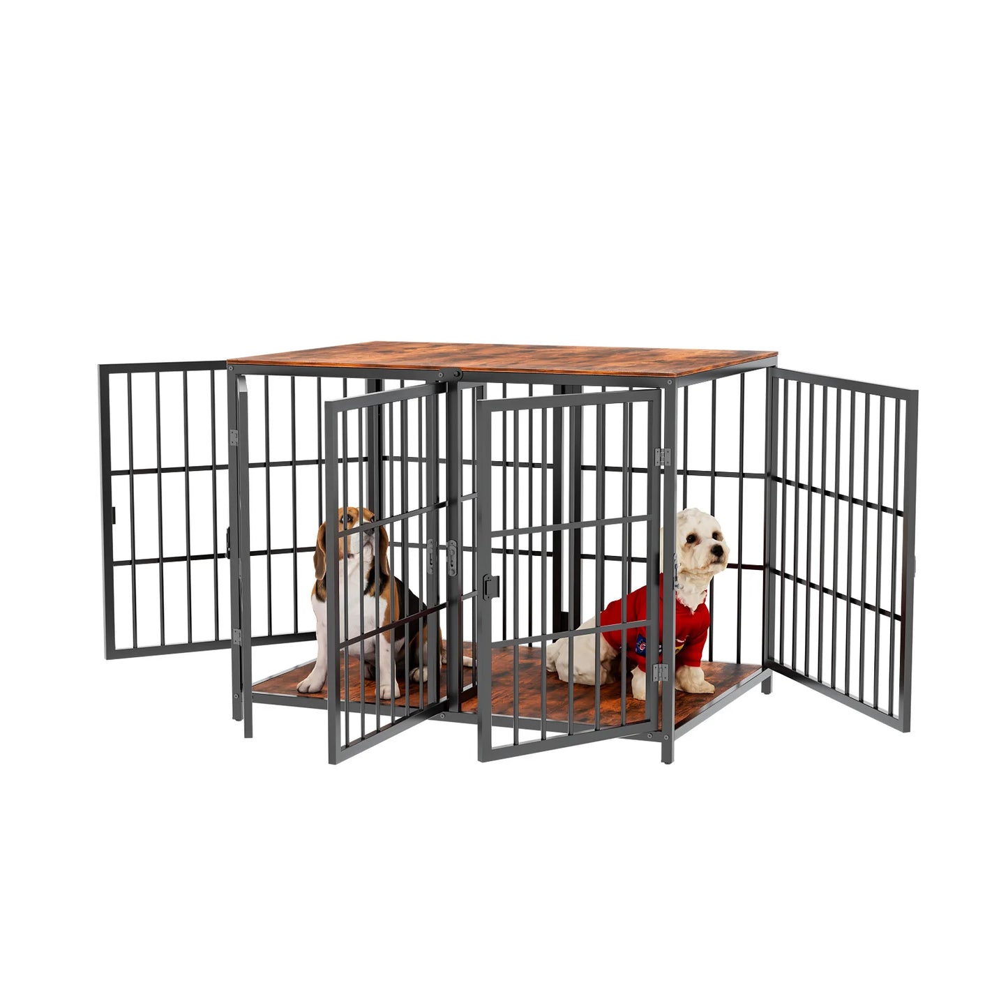 XXXL Wooden Dog Crate End Table Furniture Style Pet Kennel Cage w/ Four Doors and Lock Latches Divider for Medium to Large Dogs