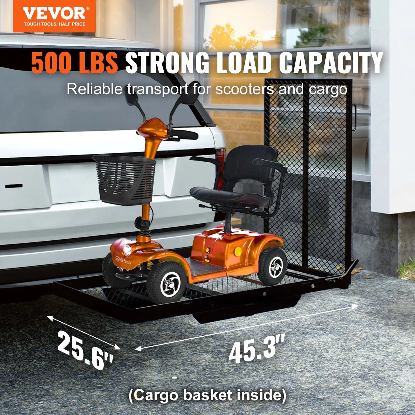 Hitch Mount Cargo Carrier Hitch Cargo Rack with Folding Ramp 500LBS Mobility Scooter Carrier Fit 2" Hitch Receiver
