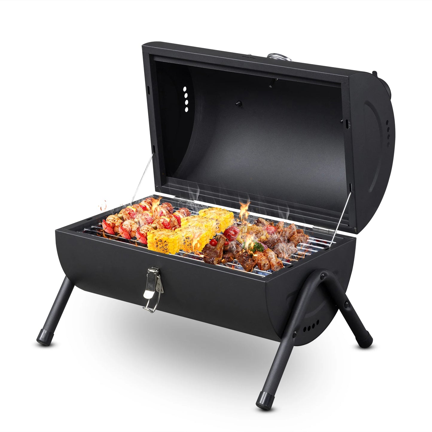 Portable Charcoal Grill with Thermometer and Wooden Handle Compact Tabletop Barbecue Grill Outdoor Camping BBQ Backyard Party