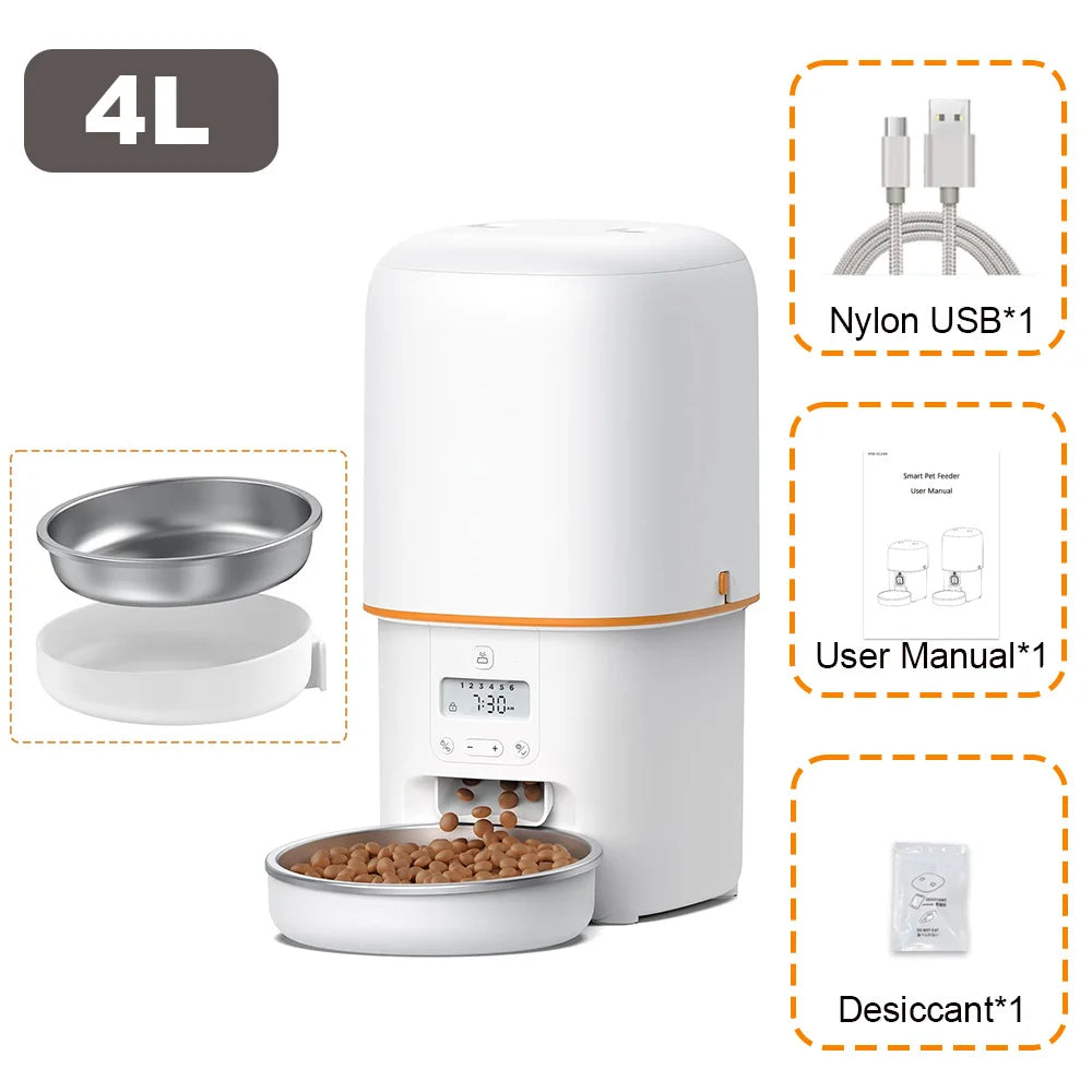 4L Automatic Cat Feeder, Smart Pet Food Dispenser with Key Control, Voice Recorder, Dual Power Supply, Timed Auto Dog Feeder with Stainless Steel Bowl