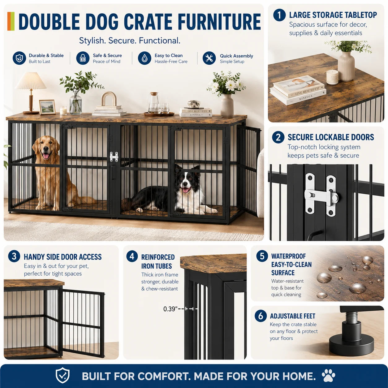 87 Inch Extra Large Double Dog Crate Furniture with Divider 3 Doors Heavy Duty Wooden Indoor Dog Kennel Cabinet TV Stand for 2 Dogs Lockable Pet House with Storage Table