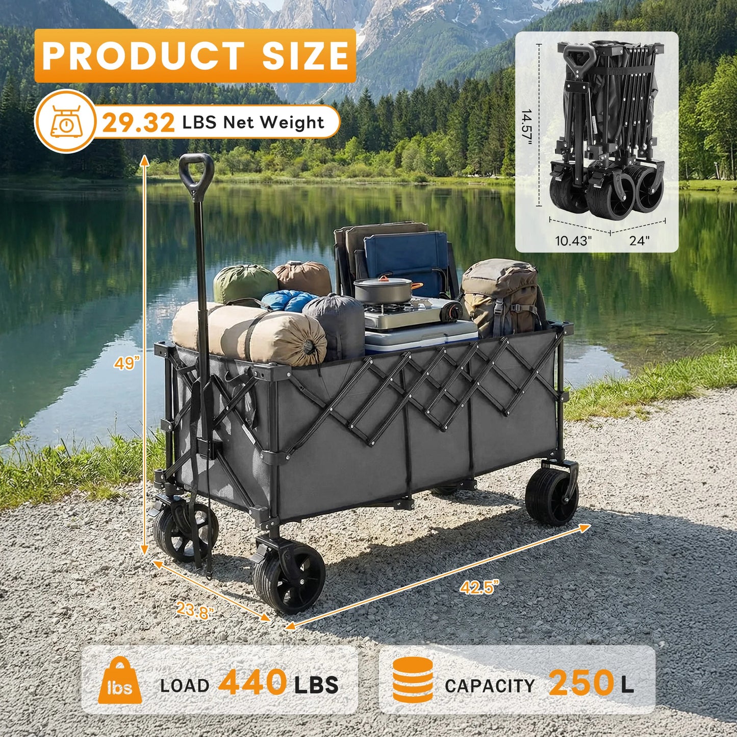 Portable Extended Collapsible Wagon Cart 440lbs Foldable Extra Long Heavy Duty Utility Wagon with Wheels Storage Grocery Cart for Camping Shopping Sports Beach Garden