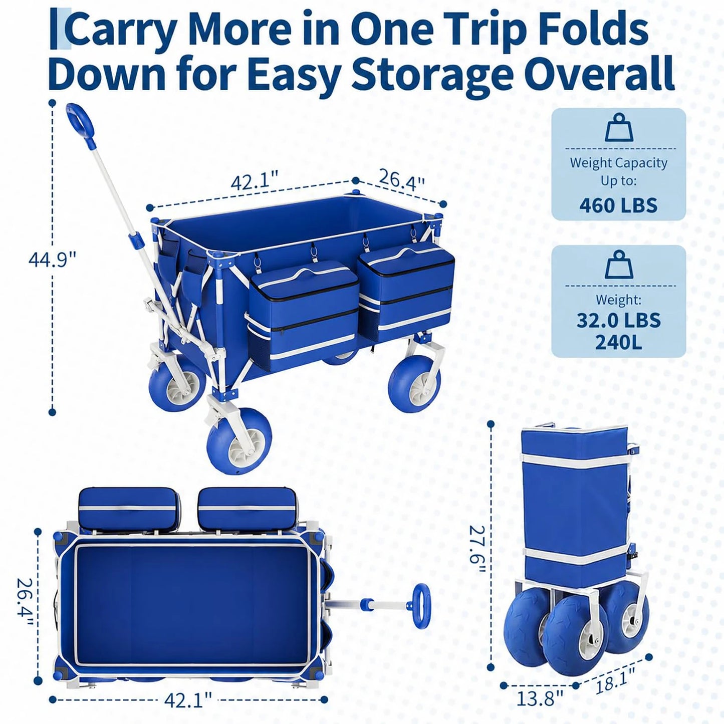 Heavy-Duty Beach Wagon Cart 460 LBS Folding Utility Wagon With 9" All-Terrain Wheels Adjustable Handle For Sand Camping
