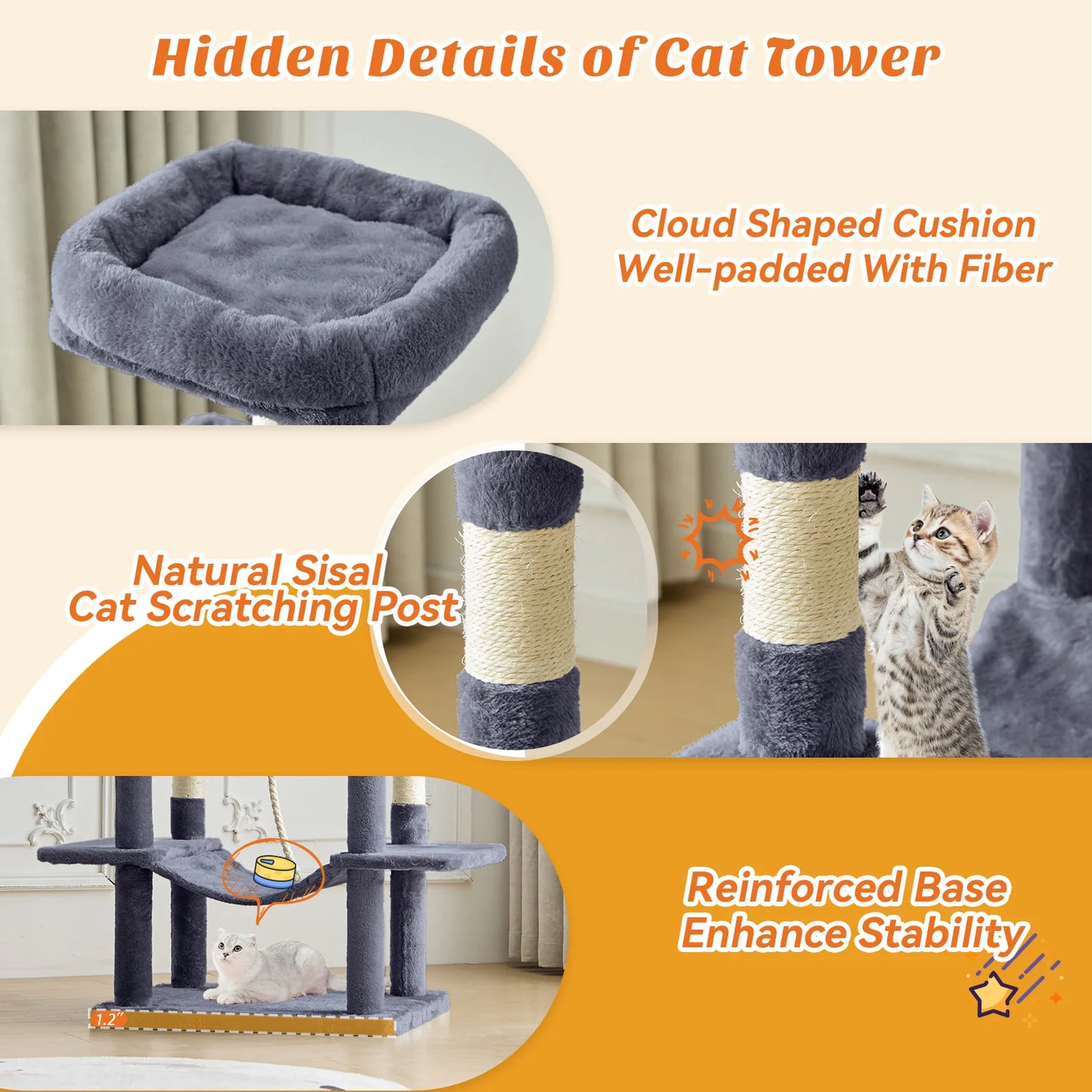 66 Inch Cat Tree Tower Multi-Level Cat Climbing Tower with Natural Sisal Scratching Posts, Pet Condo for Indoor Cats Kittens