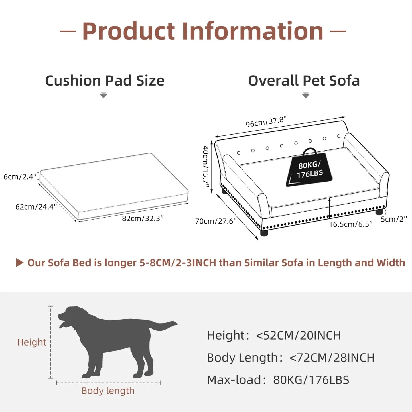 Elevated Dog Sofa for Medium to Large Dogs Couch Bed Microfiber Leather Cover Pet Snuggle Lounge Chair with Removable Cushion