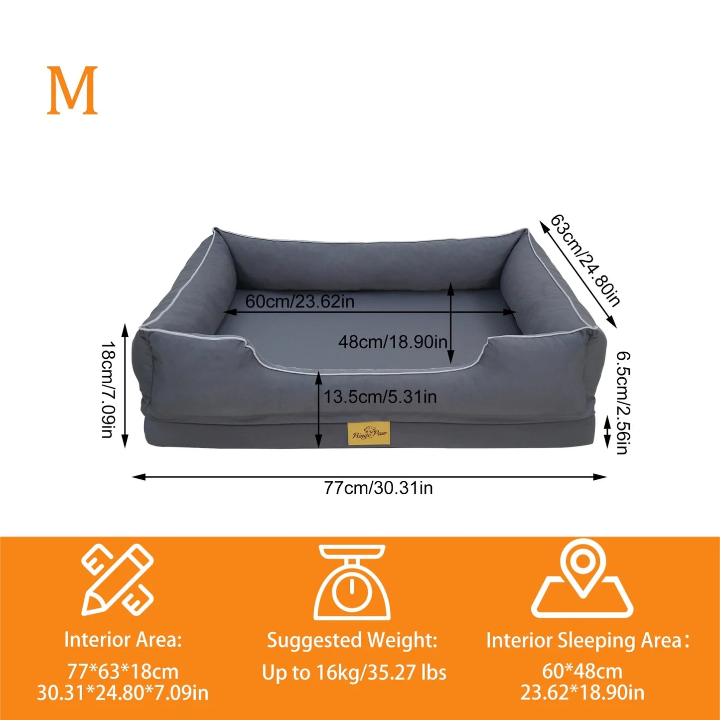 Orthopedic Dog Beds Dark Grey Pet Sofa Cushion with Removable Machine Washable Cover Foam Base & Bolsters Dog Couch for Large Medium Small Dogs