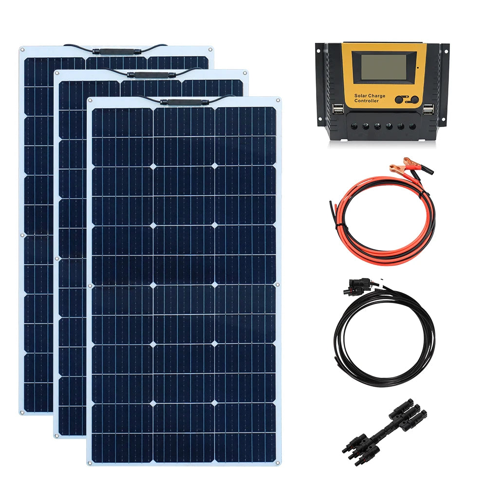 200W Solar Panels 100W Solar Panel 12V Solar Panel Kit 300W Flexible Solar Battery for RV Boat Cabin Tent Car Trailer Battery