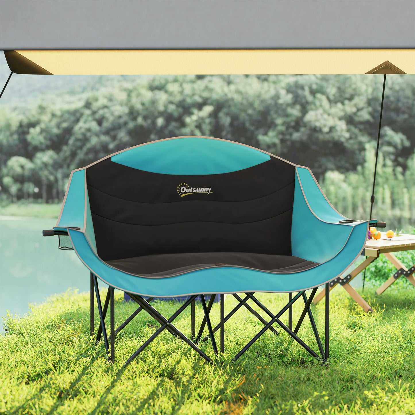 Double Camping Chair for Adults, Padded Folding Camp Chair, Green