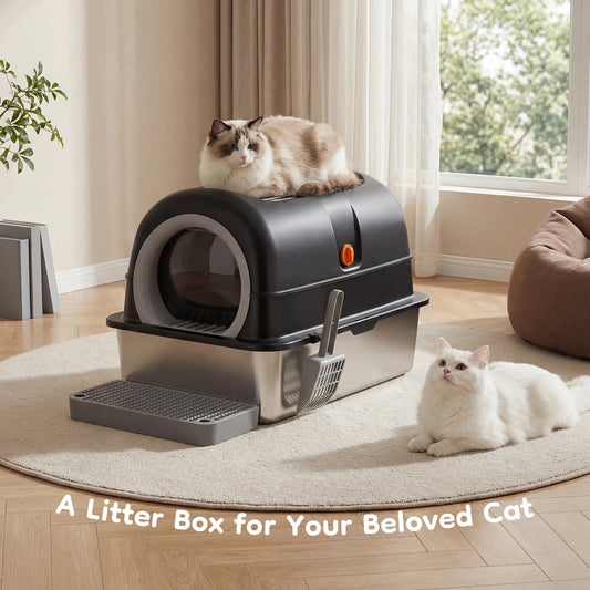 24 Inch Stainless Steel Cat Litter Box with Fully Enclosed 30L Large Cat Litter Box for Big Cats, Cat Box Scoop and Mat Included