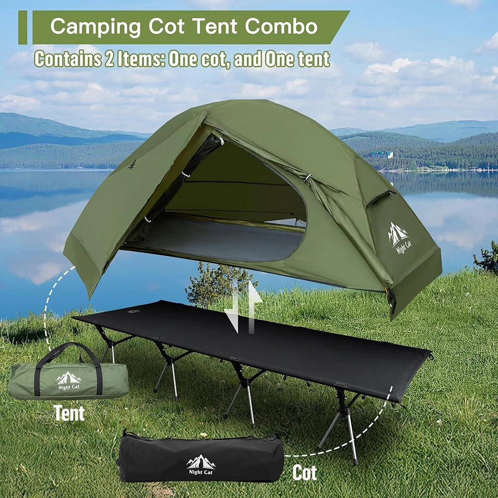 Camping Cot Tent - Waterproof 1-Person Off-Ground Combo Cot Bed for Adults Outdoor Camping Fishing Hunting Portable Easy Set-up Tent