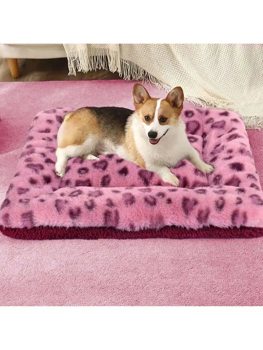 1pc Leopard Print Plush Pet Mat, Reversible Plush Pet Mat Ultra Soft Dog Cat Crate Mat Sleeping Cushion Pad Machine Washable