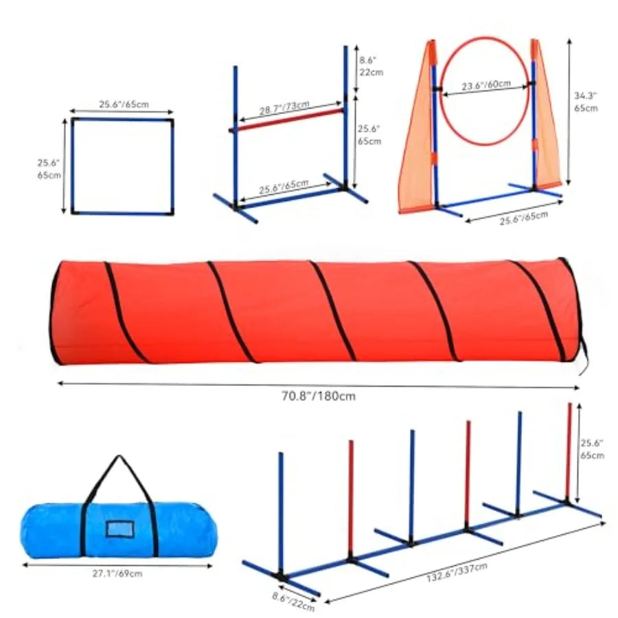 Dog Agility Training Equipment Set with Flexible Tunnel, Hurdle, Jump Ring, 6 Weave Poles, Pause Platform, Teaser Pole, and Carry Bag