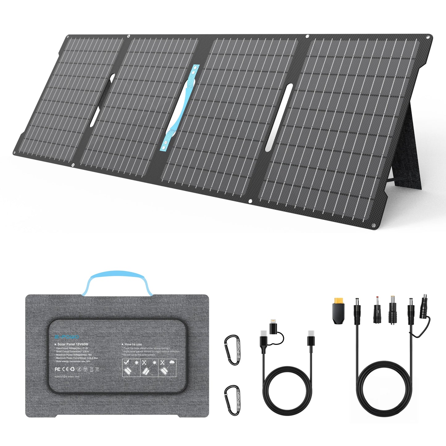 60W Portable Solar Panel 18V Foldable Solar Panel Kit with Solar Output Waterproof IP67 Solar Charger for RV Laptops Camp