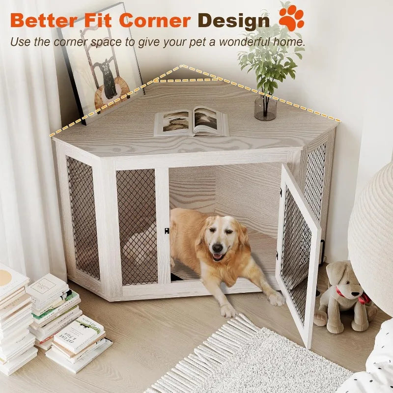 Corner Dog Crate Furniture, 52 inch Decorative Pet Crate with Metal Mesh, Wooden Dog Kennel Indoor Use for Small, Medium