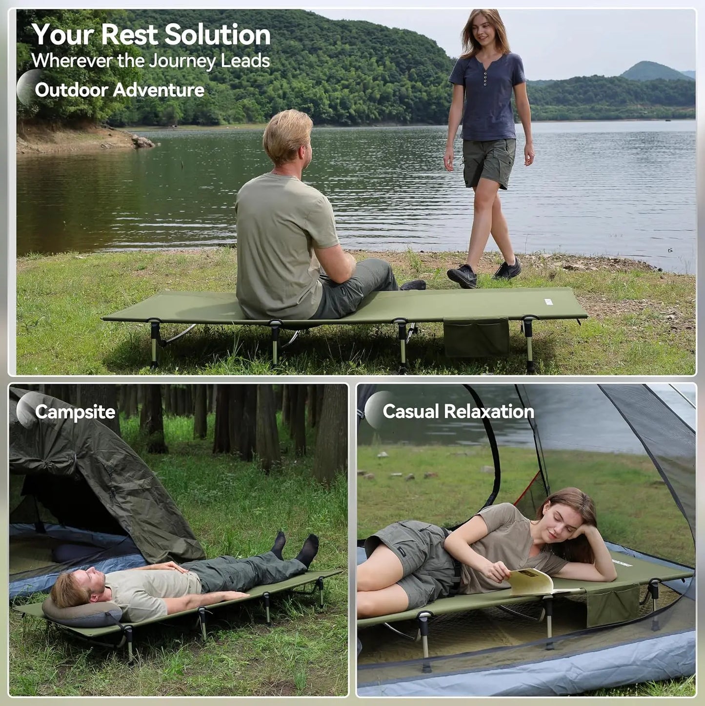 Lightweight Folding Camping Cot Bed with Lever Lock, Easy Setup Portable for Outdoor Travel, Hunting, Hiking, Motorcycling, Support 330 Lbs