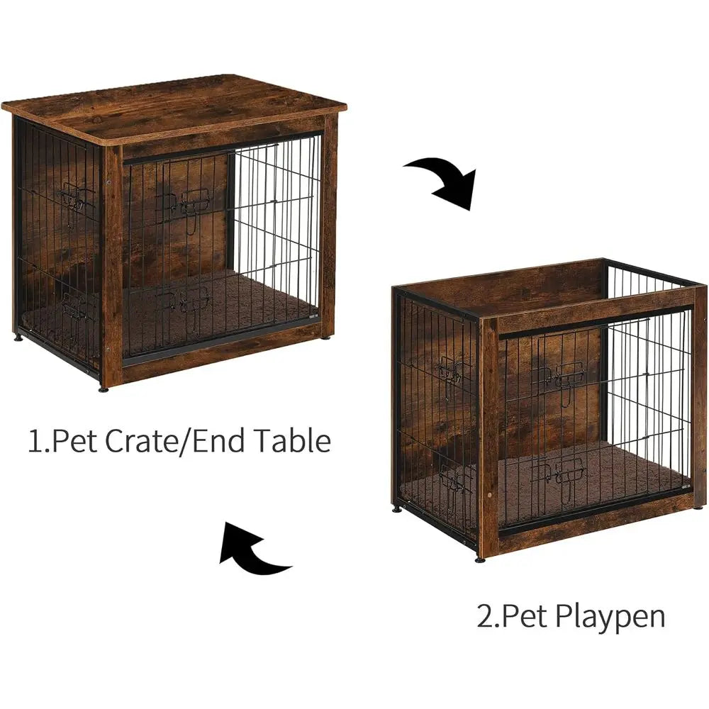 Medium Rustic Brown Wooden Dog Crate with Cushion and Double Doors