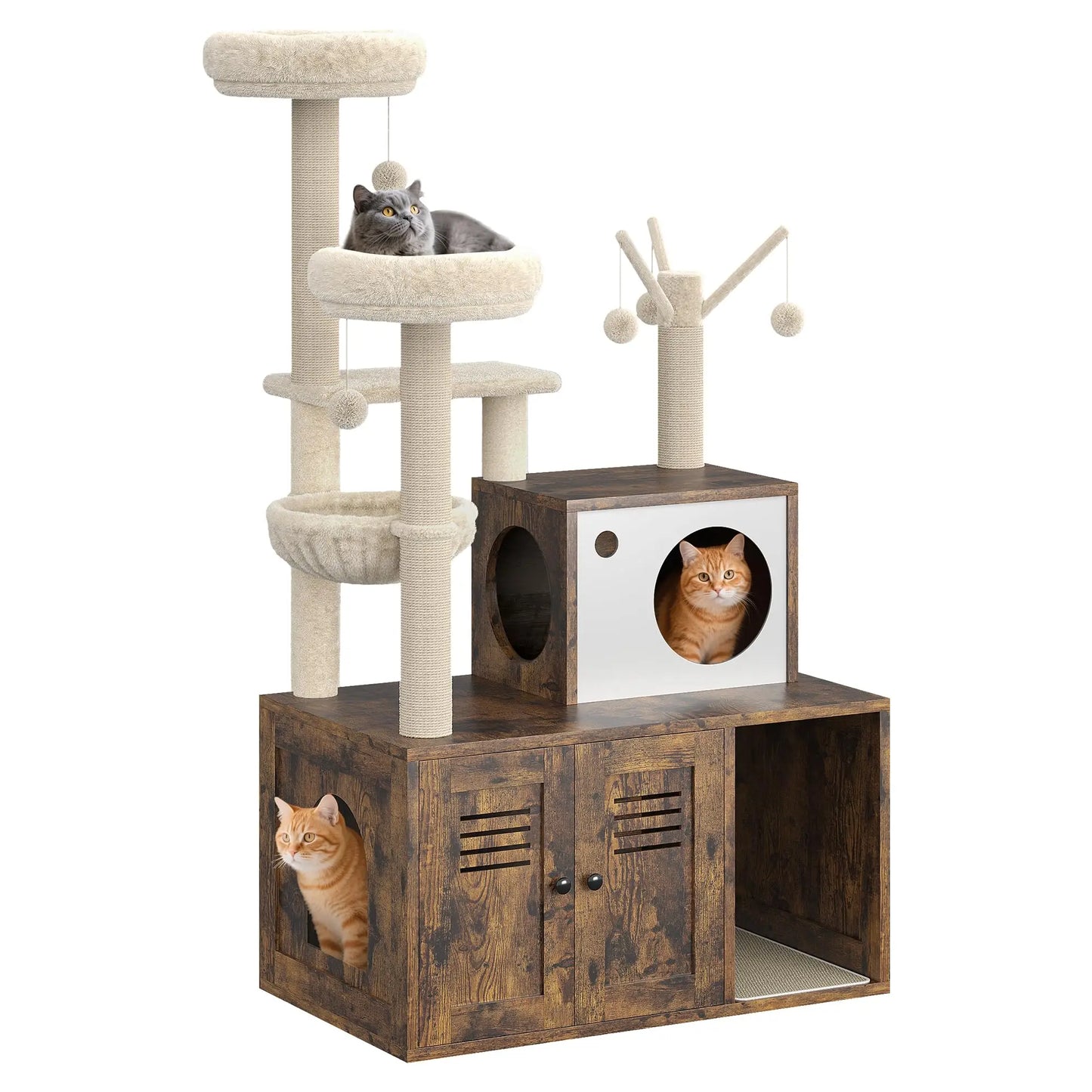 Modern Wooden Cat Tree With Hidden Litter Box, Multi-Level Cat Condo Furniture, Scratching Posts & Litter Cabinet For Indoor Cats