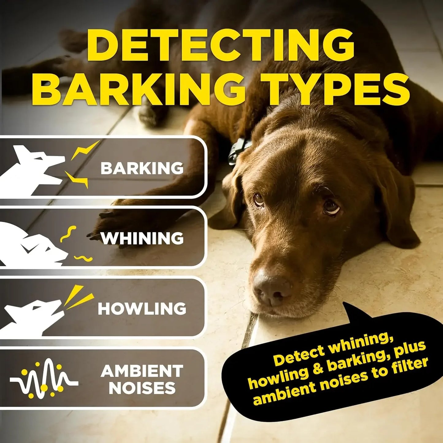 Smart NO BARK Detects Whining and Barking, 33 ft Range App for Notifications, E-Collar, Behavior Report, Waterproof