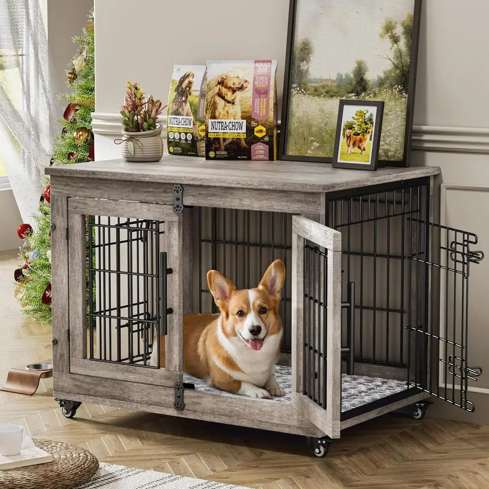Dog Crate Furniture or Medium Dogs, 32'' Dog Kennel Indoor with Cushion & Wheels Wooden Dog Cage Double Door Dog Crate End Table
