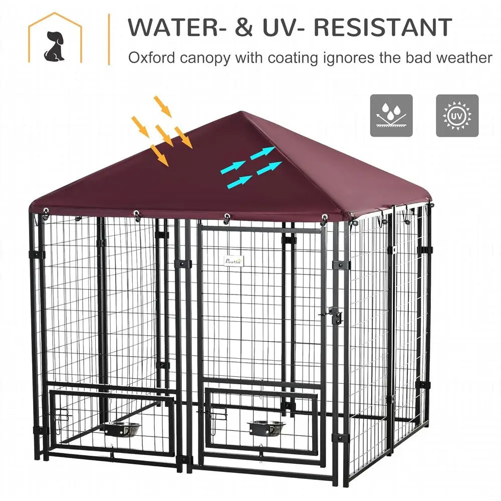 Outdoor Dog Kennel 4.6 x 4.6 x 5ft with Rotating Bowls, Waterproof and UV-Resistant Cover, Suitable for Large Breeds and Poultry