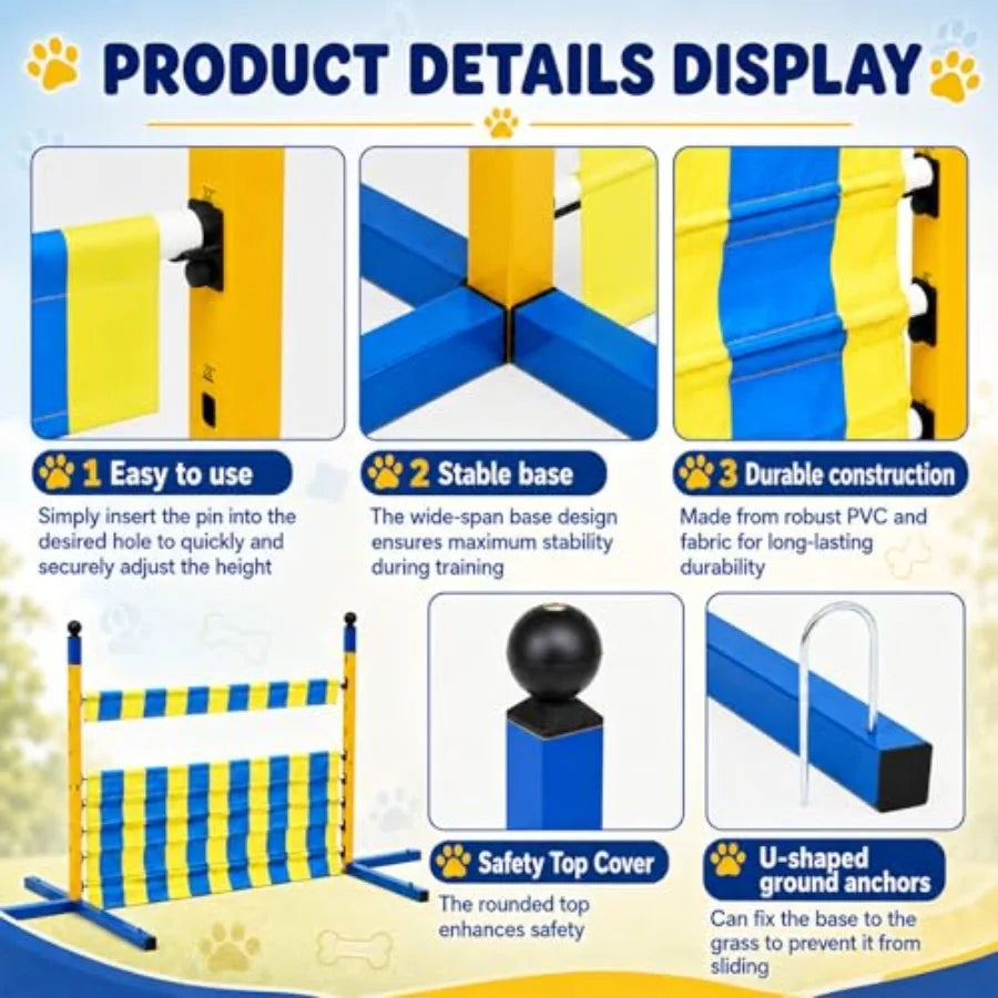 Dog Agility Jump Set, Metal Adjustable Dog Agility Equipment with 9 Height Levels, Extra Stable Foldable Dog-Hurdle Training Equipment