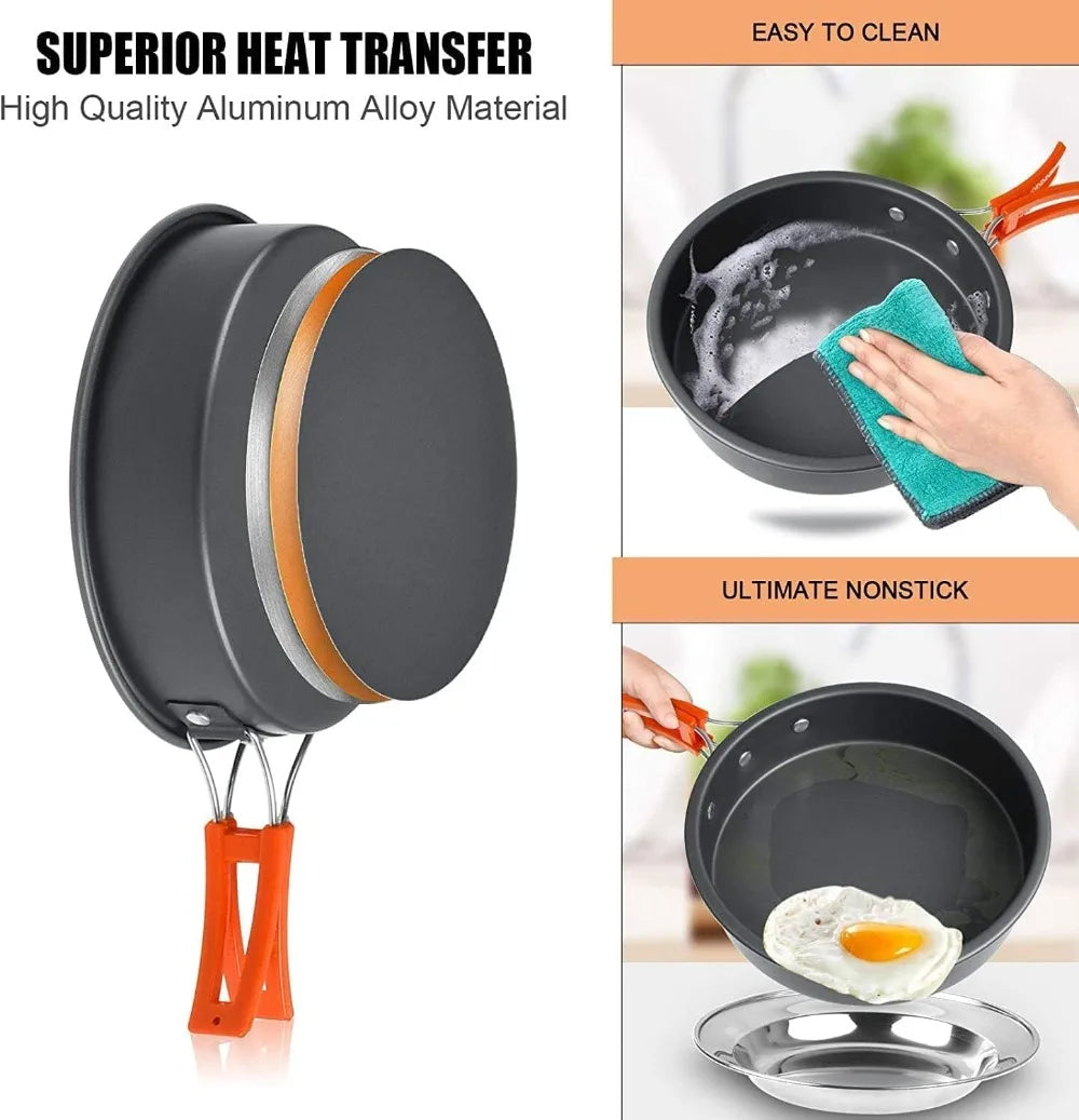 Lightweight Camping Cookware Set with Non-Stick Pan, Pot, Kettle, Plates & Utensils for 2-3 People, Portable for Backpacking, Hiking, Picnics