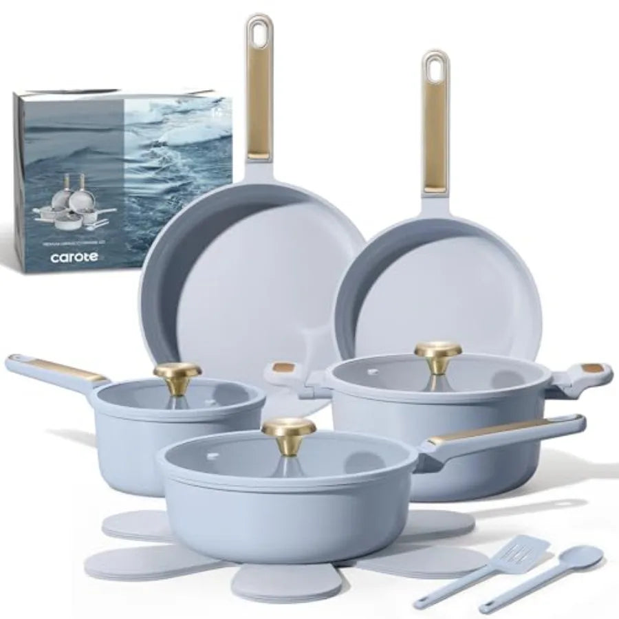 Ceramic Cookware Set Nonstick, 14pcs Pots and Pans Set Nonstick, Non-Toxic and PFAS-Free, Dishwasher, RV/Camping Cookware Set,