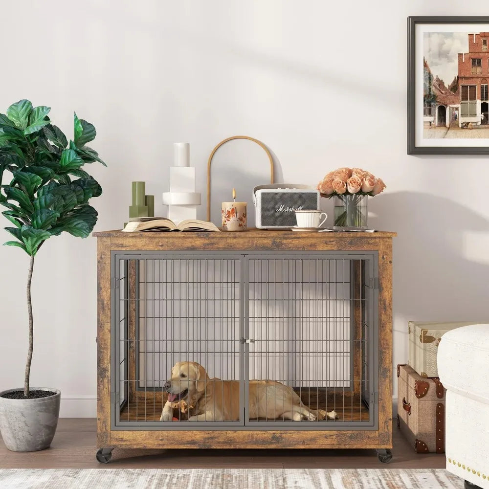 Wooden Dog Crate Furniture with 43.7" Kennel, 3-Door Access, Flip-Up Top, and Wheels for Decorative Pet Housing