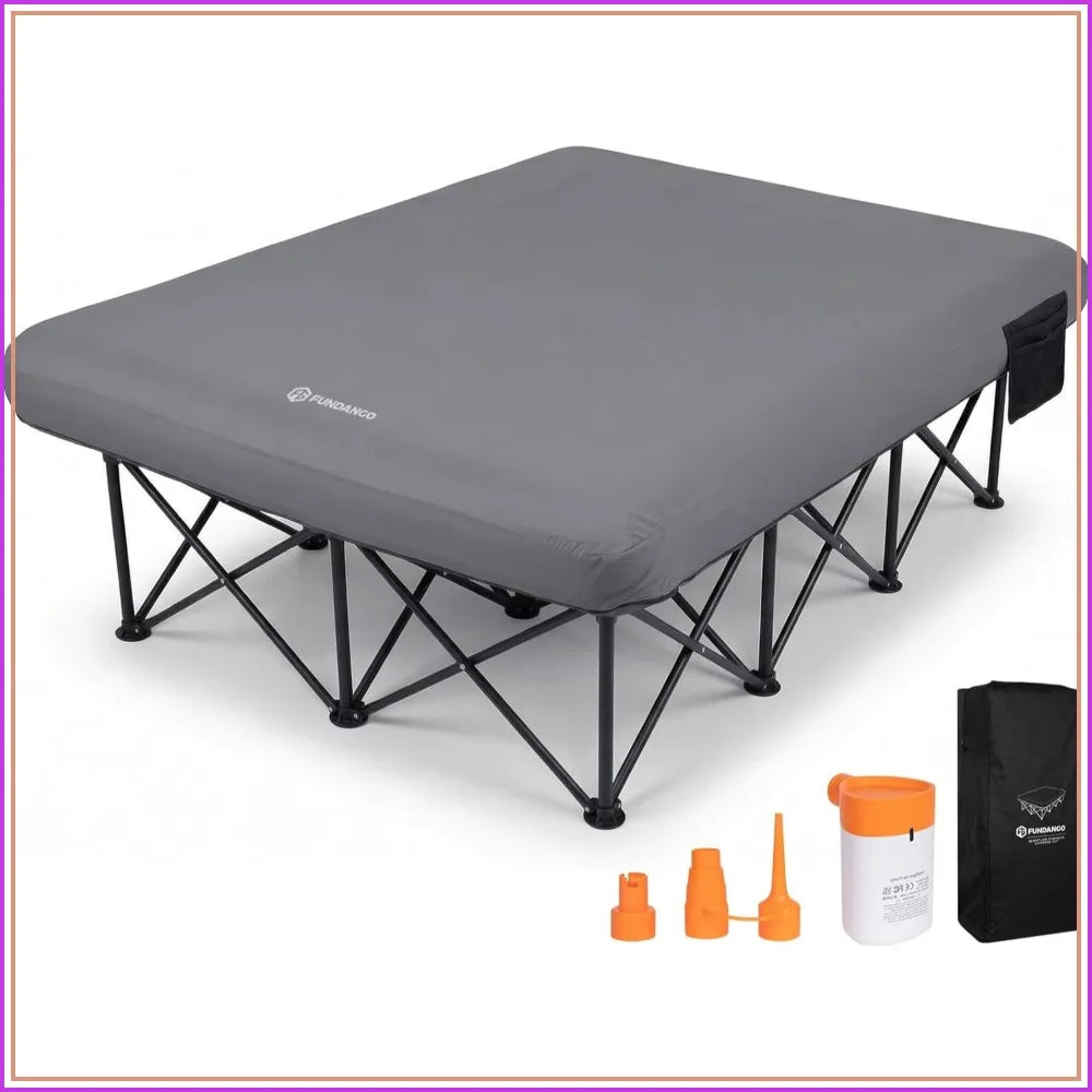 Queen Camping Cot With Electric Pump, Inflatable Air Mattress Bed, Folding Frame, Cup Holders, Carry Bag for Adults, 80x60