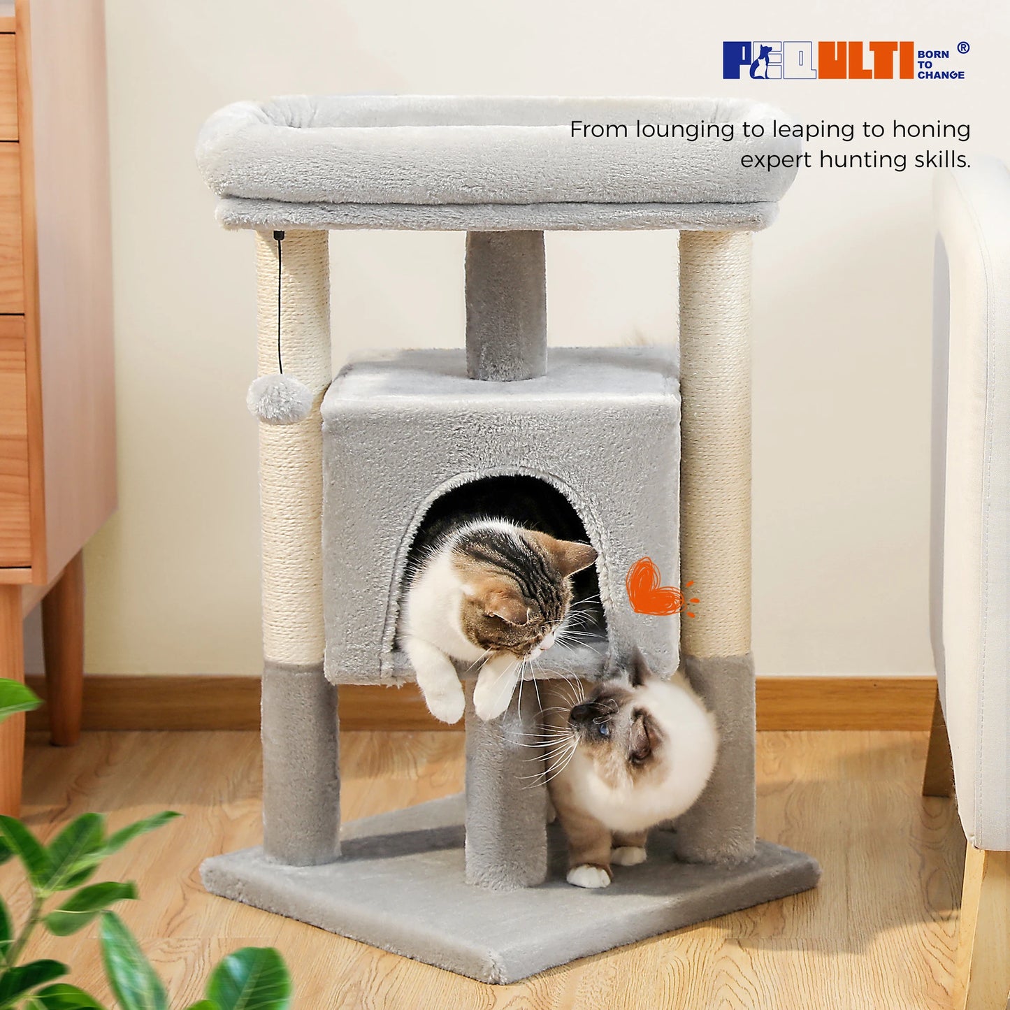 Small Cat Tree Tower with Natural Sisal Scratching Posts, Soft Top Perch, and Plush Pom-Pom Cozy Cat Condo Bed for Indoor Cat Toys