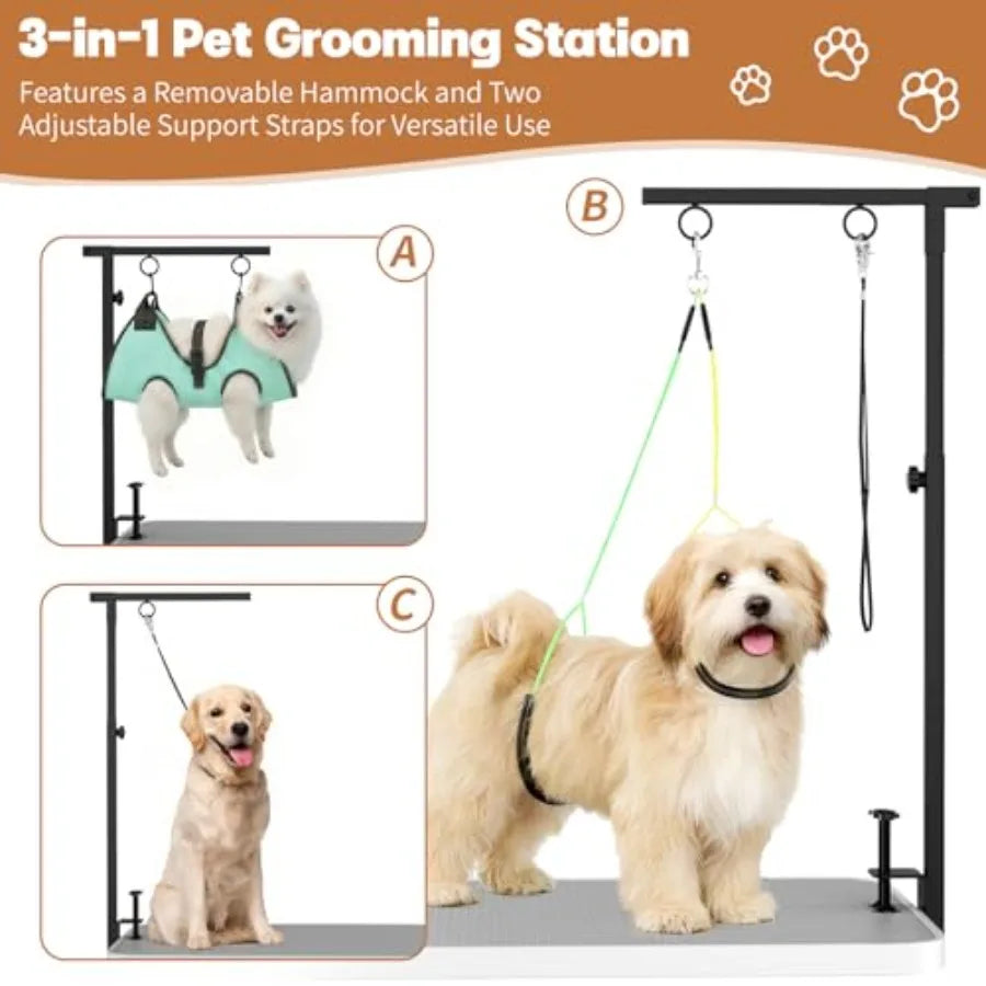 Dog Grooming Table Arm, 31.5"-43.3" Adjustable Pet Stand with Hammock and Clips 3-in-1 Grooming Kit for Nail Trimming, Haircut