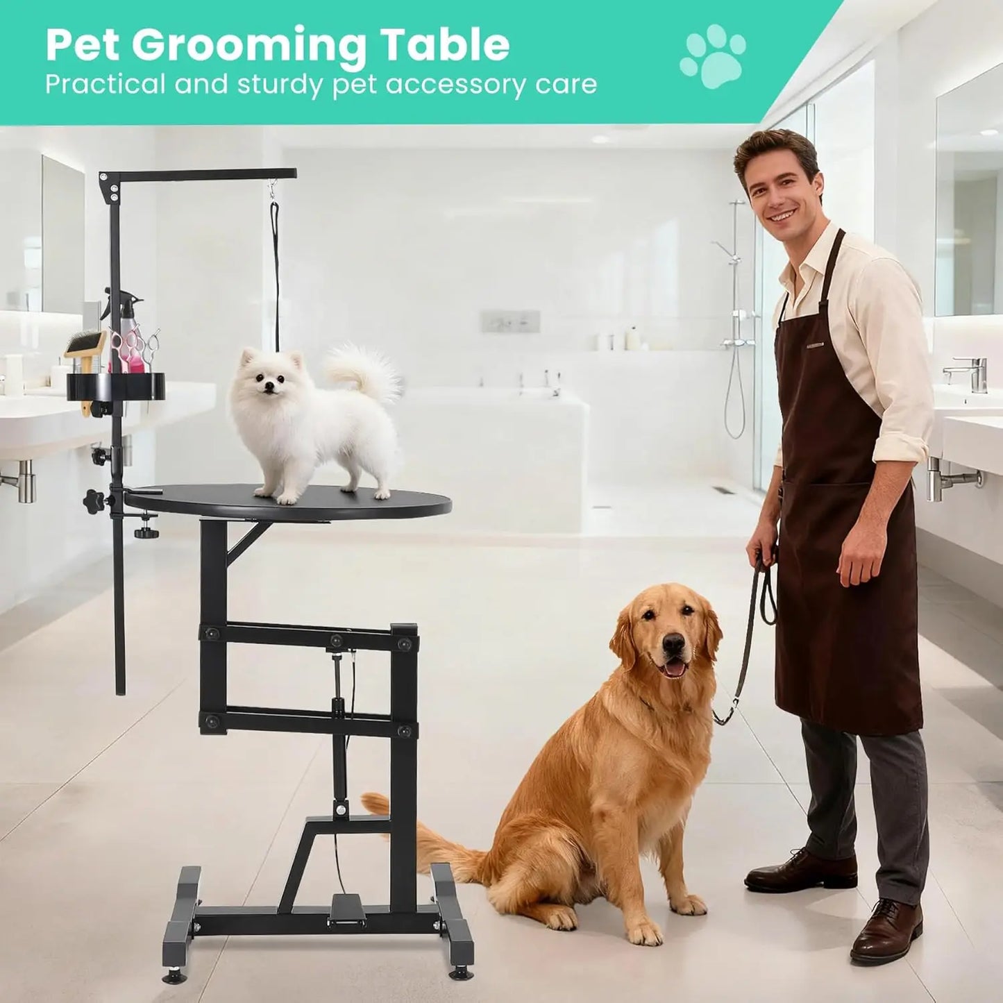 24'' Hydraulic Lift Dog Grooming Table, Adjustable Cat Drying Rotating Desktop Foldable, Adjustable Arm, Portable, Non-Slip Grooming Table for Large Small Dogs at Home, Capacity 250LBS, Pet Products