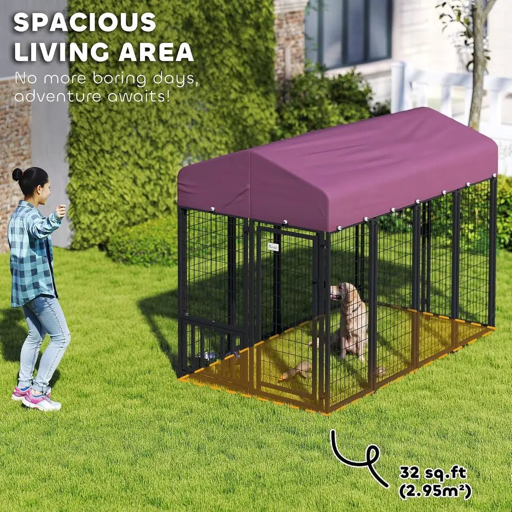 Outdoor Dog Kennel with Roof, 8' x 4' x 6' Heavy Duty Welded Wire Dog Playpen Enclosure with Escape-Proof Lock, Adjustable Bowls, UV-Protected Roof