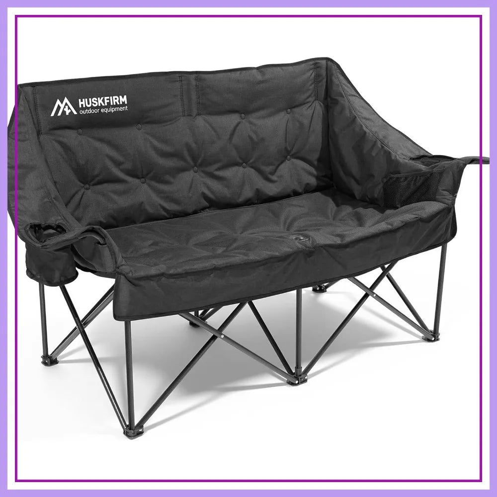 Double Camping Chair Heavy Duty 2 Person Padded with Cup Holders Support 800LBS Black