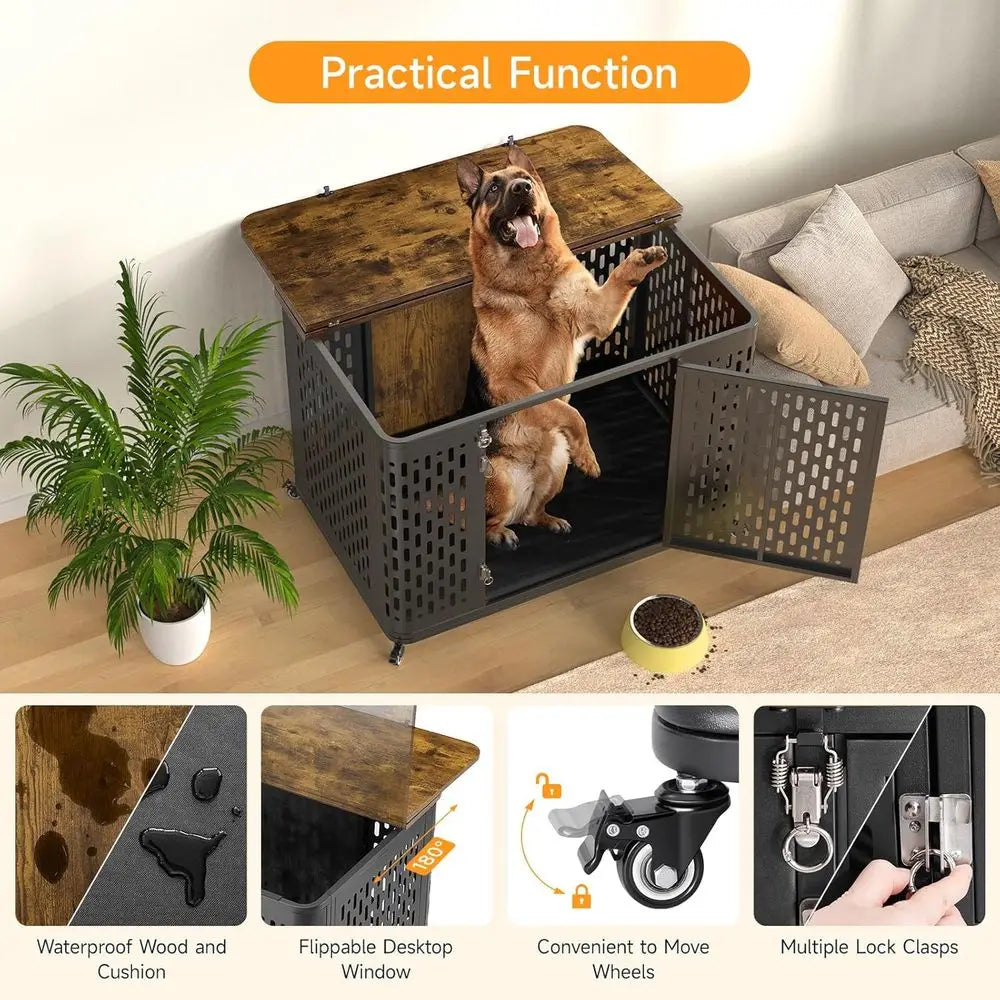 Heavy-Duty Dog Crate Furniture or Large and Medium Dogs, 43.7 Inch Large Dog Crate Kennel with Flip Top & Cushion & Wheels