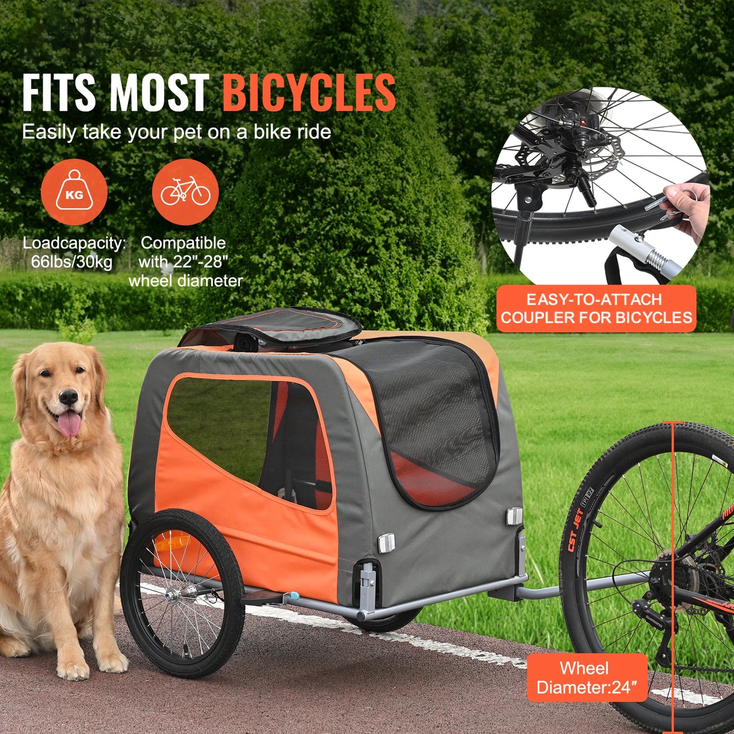 66lbs Pet Cart Bicycle Carrier Dog Bike Trailer With Folding Frame & Wheels Reflectors Flag for Dogs Accessories