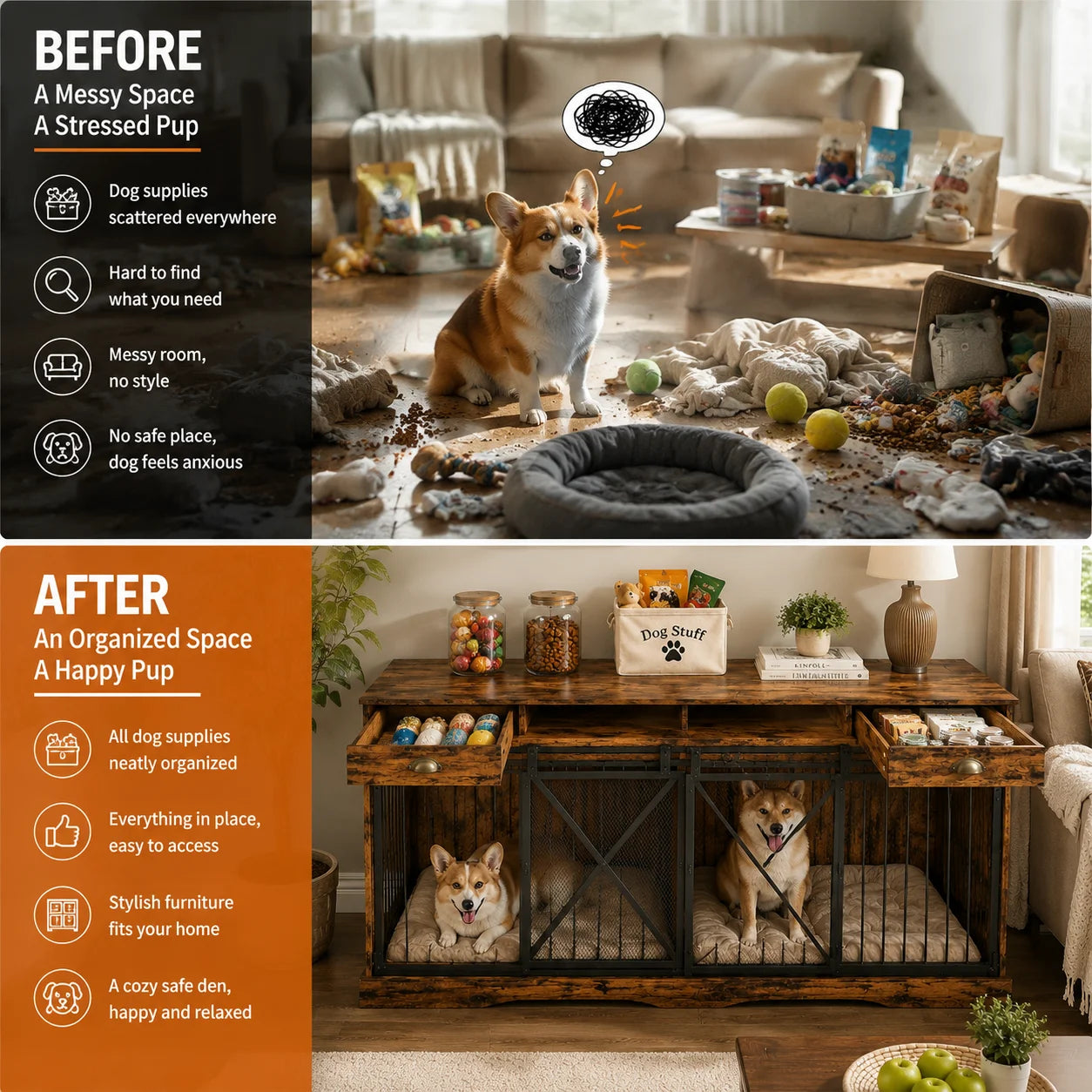 63 Inch Large Double Dog Crate Furniture with Divider Sliding Doors Storage Drawers Open Shelves Heavy Duty Wooden Indoor Dog Kennel Cabinet for Multiple Dogs Living Room Bedroom Entryway