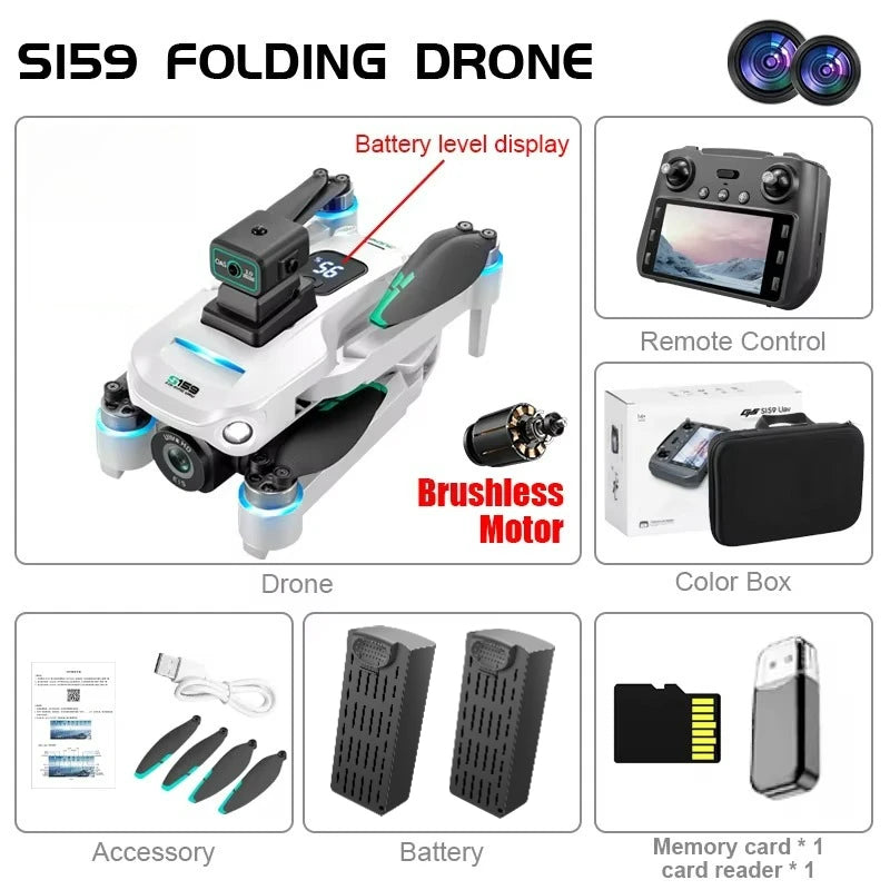 S159 GPS Drone 8K HD Dual Camera With Screen - 360° Obstacle Avoidance, Brushless Motor, 5G WiFi FPV Foldable Quadcopter Toy