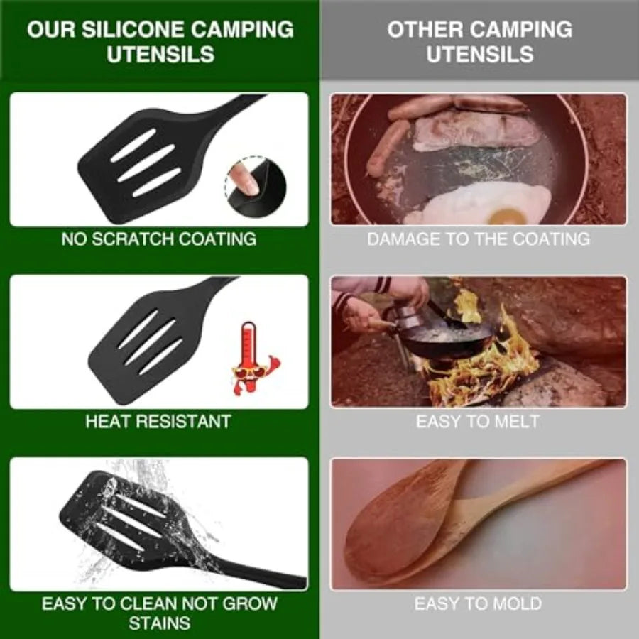 Camping Essentials Cookware Cooking Utensils Set - Portable Camp Kitchen Mess Kit Outdoor Accessories, Stainless Steel and Silicone