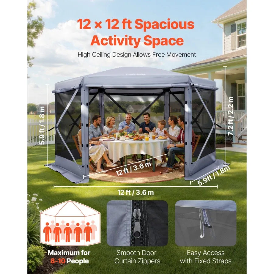 12 x 12 ft Pop Up Gazebo Screen Tent 6-Sided Large Camping Canopy with Removable Top Carry Bag Quick-Set Bite-Proof Screen House
