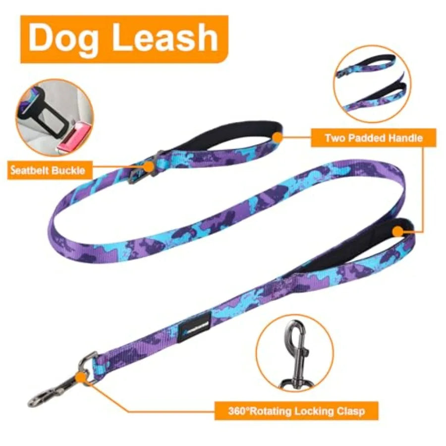 No Pull Dog Harness, Heavy Duty Collar and Leash Set-Leash with Double Handle and Car Seatbelt Clip-Easy Control for Walking