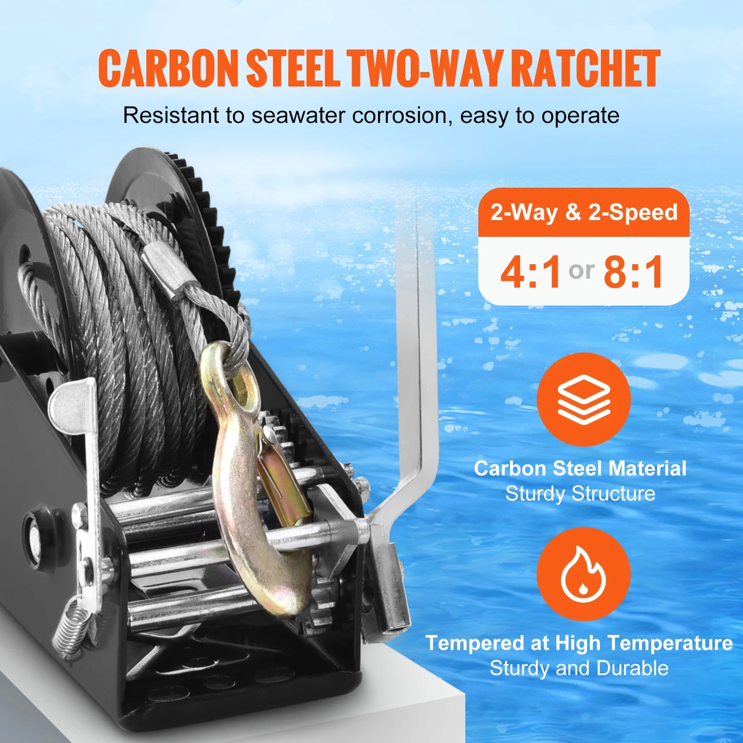 Hand Winch Heavy Duty Rope Crank with 33 Ft Steel Wire Cable and Two-Way Ratchet for Trailer Boat or ATV Towing