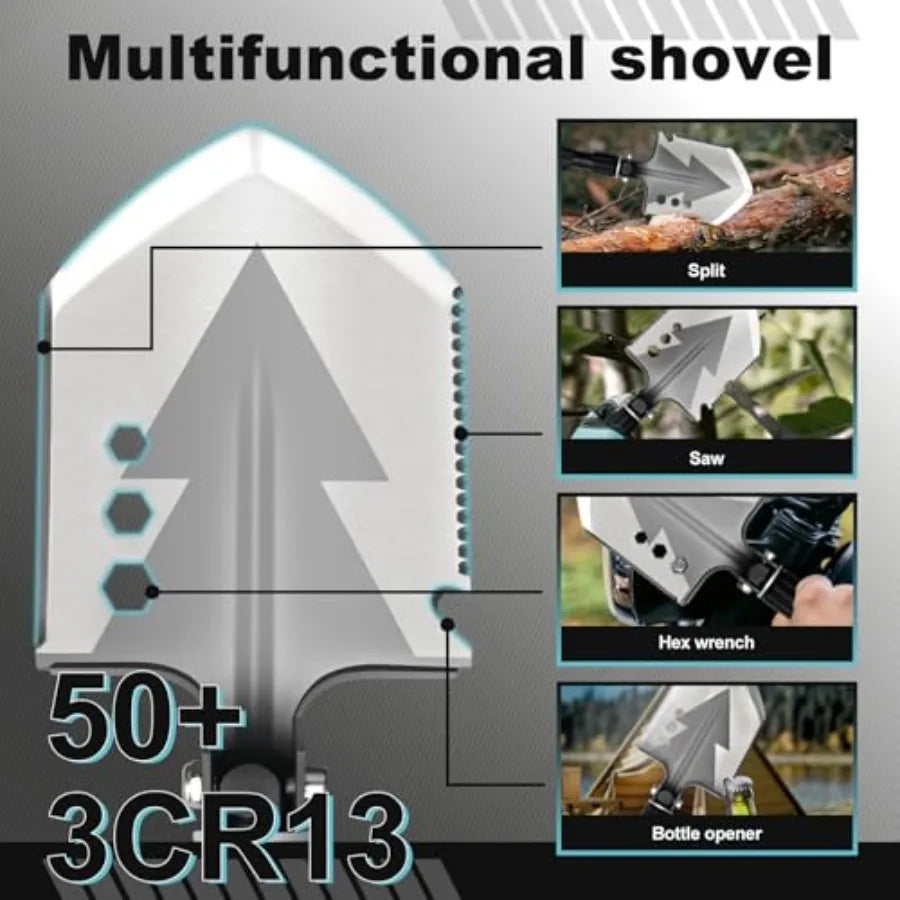 20 in 1 Multitool Survival Kit Camping Shovel Military Axe 55" Trekking Pole Foldable Spade with Portable Bag and Hatchet